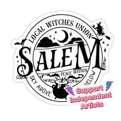 a sticker with the words salem on it, and an image of a witch