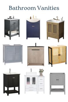 bathroom vanities are shown in different colors and sizes, including the sink cabinet with drawers