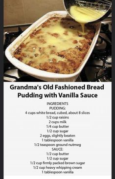 grandma's old fashioned bread pudding with vanilla sauce is shown in the recipe box