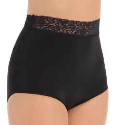 A pretty, floral lace waistband adds a feminine touch to this soft, microfiber panty. Made of 90% nylon, 10% spandex. Stretch lace waistband. Sewn-on elastic along leg openings for a custom fit. 4-way stretch for comfort. Full rear coverage. High rise. Sewn-in cotton crotch. Teri Women's Grace Lace Trim Microfiber Brief Panty in Black (313) | Size 10 | HerRoom.com Fitted Lace Bottoms With Full Coverage, Elegant Lace Shapewear With Lace Trim, Elegant Lace Trim Shapewear, Fitted Full Coverage Bottoms With Lace Trim, Stretch Lace Shapewear With Lace Trim, Fitted Lace Trim Bottoms With Full Coverage, Fitted Lace Trim Full Coverage Bottoms, Elegant Full Coverage Lace Bottoms, Fitted Bottoms With Lace Trim And Full Coverage