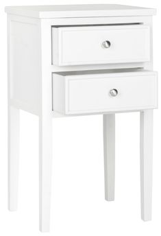 a white nightstand table with two drawers on one side and an open drawer on the other