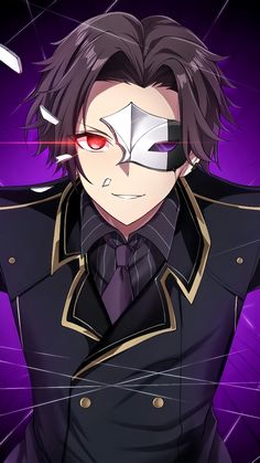 an anime character with red eyes and black hair, wearing a purple outfit in front of a purple background