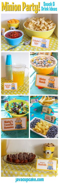 an assortment of snacks and drinks on a table with the words, minion party snack ideas