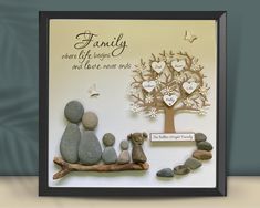 a family is where life begins and love never ends card with rocks, tree, butterflies and hearts