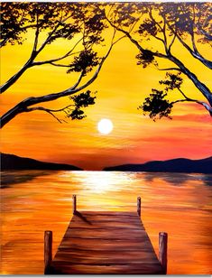 a painting of a sunset over water with a dock in the foreground and trees to the side