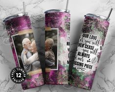 two personalized tumbles with the same photo on them, and one is holding an older man's head