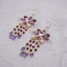 Elegant Purple Dangle Chandelier Earrings, Elegant Beaded Earrings With Dangling Beads For Festive Occasions, Elegant Handmade Crystal Earrings For Festive Occasions, Handmade Elegant Crystal Earrings For Festive Occasions, Elegant Festive Dangle Beaded Earrings, Elegant Purple Flower Earrings For Party, Handmade Purple Earrings For Festive Occasions, Festive Handmade Purple Earrings, Purple Dangle Bridal Earrings