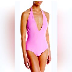 Tory Burch Brand New Swimsuit Gorgeous Deep Plunge V Neck Reversible A Veuve Cliquot Golden On One Side, Beautiful Pink On The Other Italian Fabric Made With 4 Way Stretch Xtra Life Lycra Fast Drying Spf 50 Pink Halter Neck Bodysuit For Pool, Pink Halter Neck Bodysuit For Beachwear, Chic Pink Bodysuit For Pool, Pink Triangle Top Bodysuit For Swimming, Pink Halter Neck Bodysuit, Chic Pink Swimwear With Lined Body, Summer Pink Halter Neck Bodysuit, Summer Halter Neck Pink Bodysuit, Veuve Cliquot