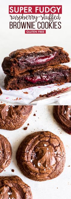 chocolate cookies with raspberry filling are stacked on top of each other and the words super fudge above them