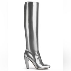 Bottega Veneta Metallic Leather Tall Canalazzo Boots Silver Women’s Eu 36.5/Us 6.5 $2,900. New In Box. Box Missing Lid. Bottega Veneta's Tall Boots Are Crafted Of Metallic Leather With A Square Toe And A Treaded Rubber-Injected Sole. Calf Leather Upper Square Toe Side Zip Rubber/Leather Sole Made In Italy Size Heel Height, 4" (1.5") Formal Closed Toe Patent Leather Boots, Formal Patent Leather Boots With Padded Heel, Luxury Heeled Boots With Patent Leather And Leather Sole, Luxury Patent Leather Boots With Almond Toe, Luxury Heeled Boots With Patent Leather, Luxury Patent Leather Heeled Boots With Leather Sole, Luxury Round Toe Boots For Galas, Luxury Heeled Boots For Galas, Elegant Silver Snip Toe Boots