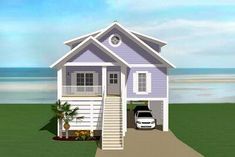 this is an artist's rendering of a beach house with a car parked in the driveway