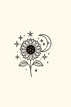 a black and white drawing of a sunflower with stars on it's side