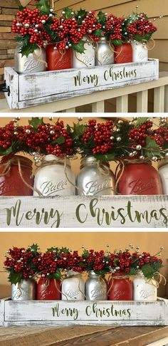 christmas decorations made out of mason jars and red berries on the top, with merry christmas lettering