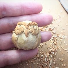 a hand holding an owl shaped object in it's left hand with wood shavings around it