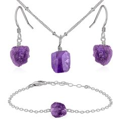 Immerse yourself in the mystical allure of our Raw Amethyst Crystal Jewellery Set. Raw crystals are the most untouched and natural form of crystals, looking and feeling exactly as nature intended. This enchanting set is handcrafted with genuine, unpolished amethyst gemstones, showcasing their rich, regal purple hues. The raw energy from the gemstones connects you to Mother Nature, promoting spiritual growth and clarity. Perfect for those who cherish the raw beauty and calming properties of amethyst. Amethyst Crystal Jewelry, Raw Amethyst Crystal, Bracelet Luxury, Handmade Crystal Jewelry, Raw Crystals, Crystal Jewelry Sets, Natural Form, Crystal Jewellery, Raw Amethyst