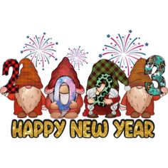 three gnomes are standing next to each other in front of fireworks and the words happy new year