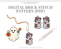 the digital brick stitch pattern is shown with three ghost and pumpkins hanging from it