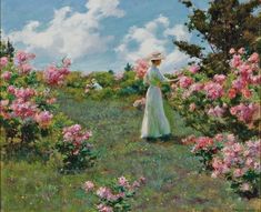 a painting of a woman in a white dress and straw hat walking through pink flowers