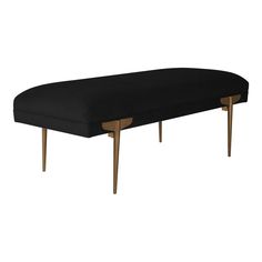 an upholstered bench with wooden legs in black fabric and gold trimmings