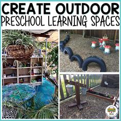 an outdoor preschool learning space with lots of different things to do in the yard and around it