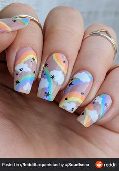 Nails Arcoiris, Rainbow Cloud Nails, Rainbow Heart Nails, Rainbow Gel Nails, Cute Rainbow Nails, Rainbow Nails Acrylic, Rainbow Nail Ideas, Candy Nail Art, Nails Rainbow