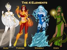 the four elements of fire and ice are depicted in this image, including two women wearing different outfits