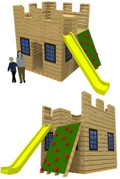 an image of a wooden house with slide