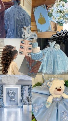 there is a collage of blue and white items in this photo, including a teddy bear