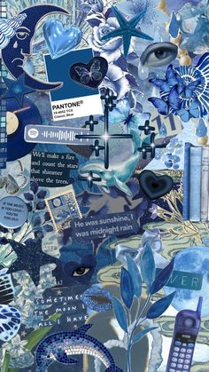 a collage of blue and white items with words written on them, including a cell phone