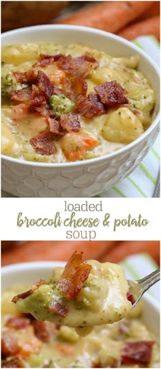 broccoli cheese and potato soup in a white bowl with bacon on the side