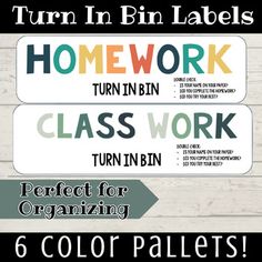 four different colored labels with the words homework and class work on them, including 6 color pallets