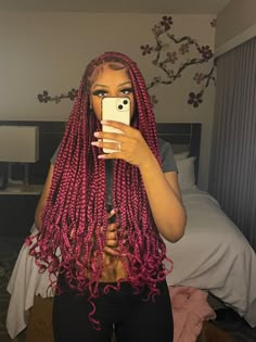 Burgundy Braid Hairstyles For Black Women, Dark Pink Box Braids, Dark Pink Braids, Burgundy And Pink Braids, Red Braided Hairstyles For Black Women, Braids W Curls, Red Goddess Braids, Pink Box Braids, Red Box Braids