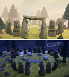 two screens show the same scene in different ways, one with stonehenge and another with trees