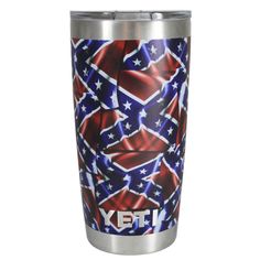 a red white and blue tumbler with the american flag on it