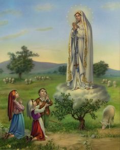 an image of the virgin mary and child jesus in front of sheep grazing on grass