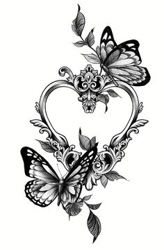 two butterflies in the shape of a heart with leaves and flowers on it's sides