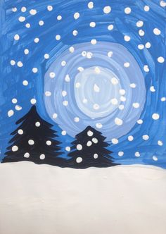 an acrylic painting of trees and snow in the night sky with white dots