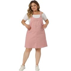 The Plus Size Women's Jean Overalls Bib Dress is a stylish and versatile piece that combines the comfort of overalls with the femininity of a dress. It features a button closure for a secure fit and has a sleeveless design. The Jean Denim Suspender Skirt Overall Dress combines style and comfort, making it a nice choice for work, daily wear, dating, gatherings, parties, and weekends. Its loose fit with patch pockets adds a touch of functionality, while the sleeveless design offers a trendy look. Spring Workwear Pinafore Dress With Pockets, Spring Cotton Pinafore Dress With Pockets, Spring Pinafore Dress With Pockets For Work, Spring Casual Bib Front Pinafore Dress, Casual Cotton Pinafore Dress With Bib Front, Casual Bib Front Spring Dresses, Casual Knee-length Pinafore Dress With Pockets, Casual Pink Pinafore Dress For Spring, Jeans Suspenders