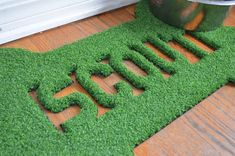 the word grass is spelled out in front of a metal bowl and potted plant