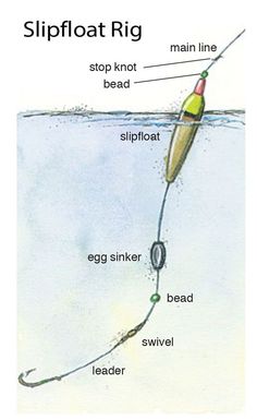 a drawing of a slipfloat rig in the water with an egg on it's side