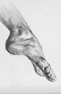 a black and white drawing of a person's foot