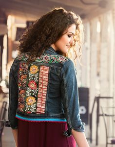 "Gulnesa" in Farsi means flower girl.This beautiful custom handmade jacket comes under our Tribal collection .we hand picked these velvet hand embroidered antique patches and  laces from the province of Frontier in Pakistan in a Tribal area and laces are from North west Province  of Pakistan.This style is very tribal even the small details such as the hemline tassels are designed to stay close to the true nature and  aesthetics of the same tribal look. This jacket can be made custom according  t Bohemian Embroidered Denim Jacket For Fall, Bohemian Denim Outerwear With Multicolor Embroidery, Bohemian Denim Jacket With Multicolor Embroidery, Bohemian Denim Jacket With Floral Embroidery For Fall, Embroidered Denim Festival Jacket, Festival Denim Jacket With Multicolor Embroidery, Bohemian Denim Jacket With Multicolor Embroidery For Spring, Bohemian Embroidered Denim Outerwear, Bohemian Cotton Denim Jacket With Floral Embroidery