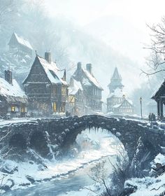 a snow covered village with a bridge over a stream