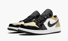 The Air Jordan 1 Low “Gold Toe” is a special release of the low-top Jordan 1 that borrows a popular colorway from the original high-top.  The metallic gold, white, and black patent leather construction that first appeared on the Jordan 1 High in 2018 is mirrored on this Jordan 1 Low from 2019.  Unlike the high-top’s asymmetrical color blocking, this low features the same look on the lateral and medial sides.  Each pair is completed with a tonal Jumpman logo embroidered on the tongue and the clas Low Top Jordans, Jumpman Logo, Air Jordan 12 Retro, Jordan 12 Retro, Air Jordan 1 Low, Jordan 1 High, Jordan 1 Low, Nike Cortez Sneaker, Toe Shoes