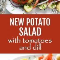 the cover of new potato salad with tomatoes and dill is shown in two different images