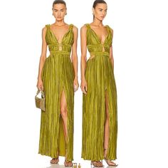 Gorgeous Green Cult Gaia Davida Gown. It Is A Wrinkle Fabric With Cutouts, A Middle Slit, And A Low V. Sold Out Everywhere But I Am Selling As It Is A Little Tight On Me. Blue Sparkle Dress, Kiki Dress, Green Maxi Dress, Crochet Maxi, Green Maxi, Sparkle Dress, White Gowns, Cult Gaia, Silk Maxi Dress