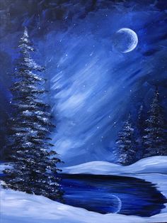 a painting of a snowy night with trees and the moon in the sky above it