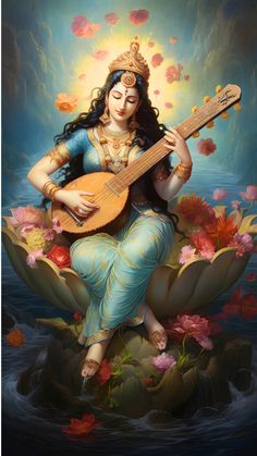 a painting of a woman sitting on top of a body of water holding a guitar