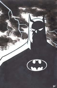 a drawing of batman with lightning in the background