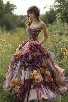 Secret Garden Dress Ideas, Cottagecore Ballgown, Princess Style Multicolor Fairy Dress With Ruffles, English Garden Wedding Dress, Wedding Dresses Colour, Whimsical Fairy Dress For Spring Dress-up, Unique Colored Wedding Dresses, Multicolor Fairy Style Dress-up Dresses, Changing Dresses